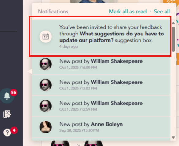 Notifications menu showing new suggestion box notificaiton